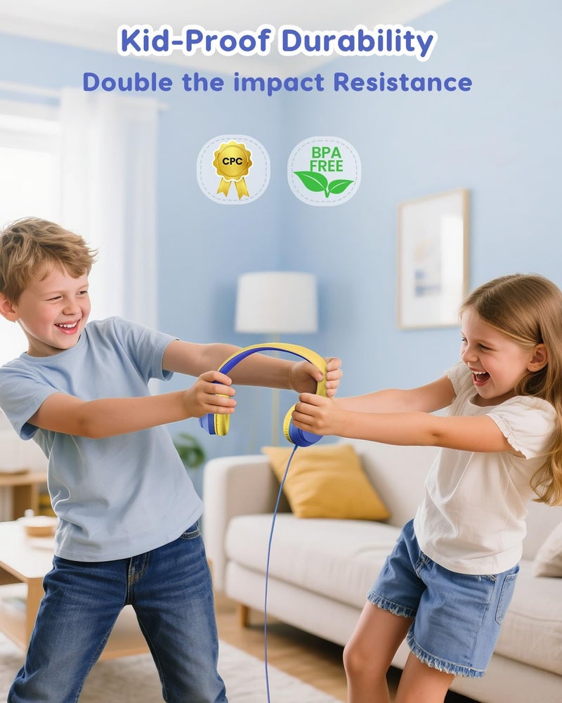 awatrue Kids Headphones, 74/85/94dB Volume Limiter, Foldable Wired Over Ear Headphones for Travel, 3.5mm Jack, Toddler Headphones for School, Chromebook, iPad, Tablet, Blue Yellow - Image 3